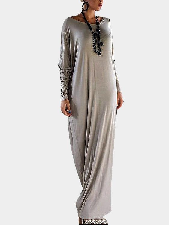 Scoop Neck Plain Long Sleeve Khaki Maxi Dress