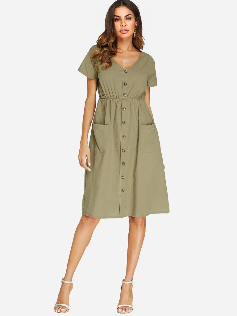 Army Green V-Neck Short Sleeve Plain Side Pockets Dresses
