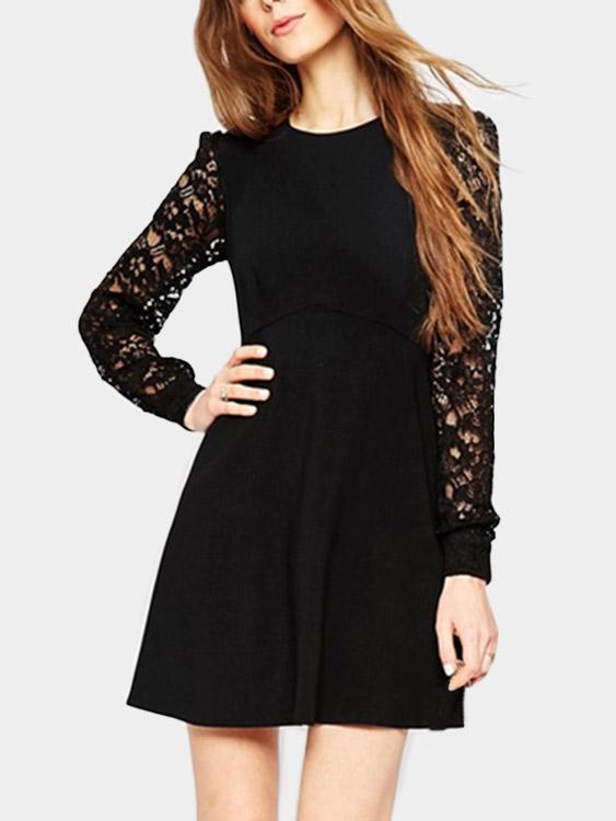 Black Long Sleeve Plain Lace Sexy Dress