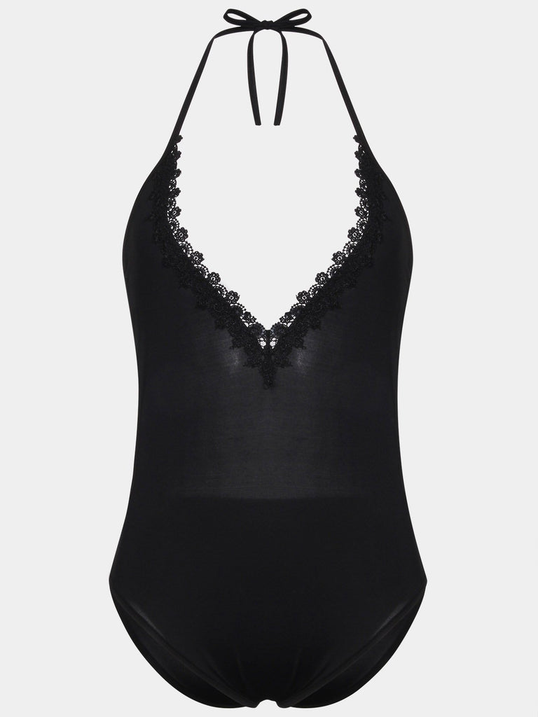 Black V-Neck Sleeveless Lace Backless Lace-Up One-Pieces Swimwear