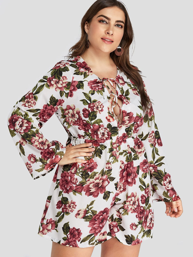 V-Neck Floral Print Lace-Up Long Sleeve Plus Size Bottoms
