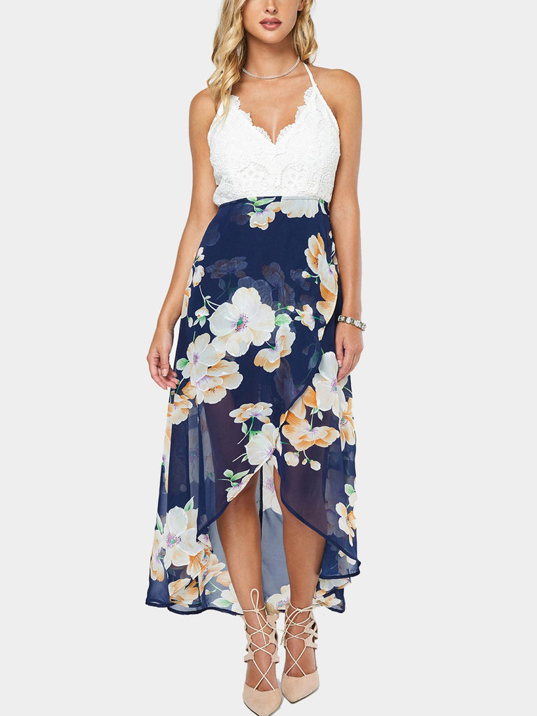 V-Neck Sleeveless Floral Print Lace Backless Maxi Dresses