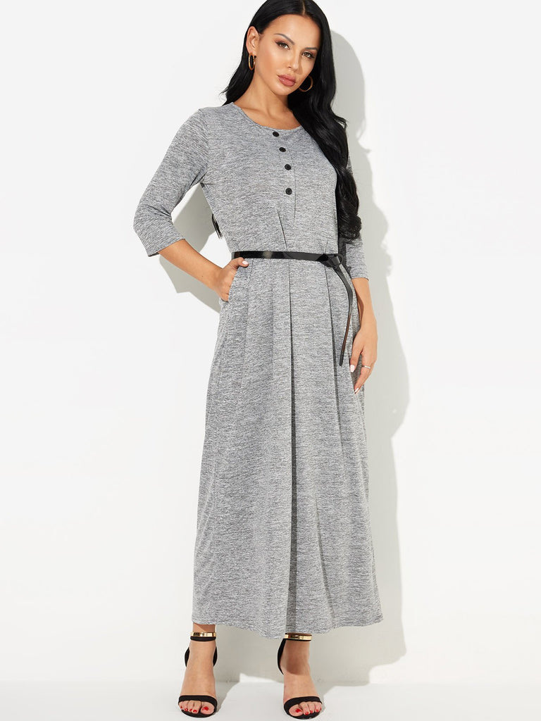 Round Neck 3/4 Length Sleeve Maxi Dress