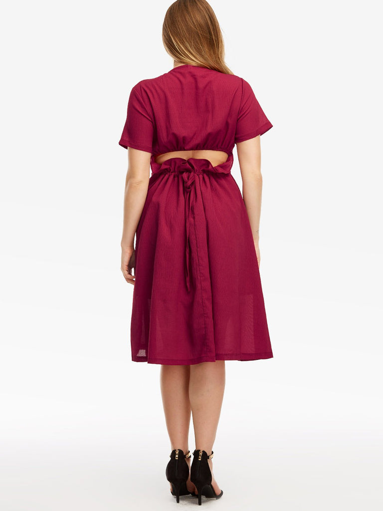 V-Neck Plain Short Sleeve Red Plus Size Dresses