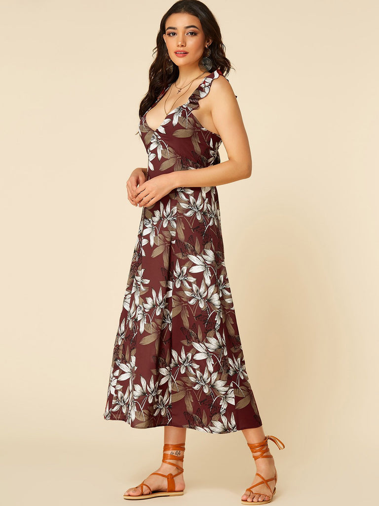V-Neck Sleeveless Floral Print Backless Cut Out Self-Tie Ruffle Hem Dresses