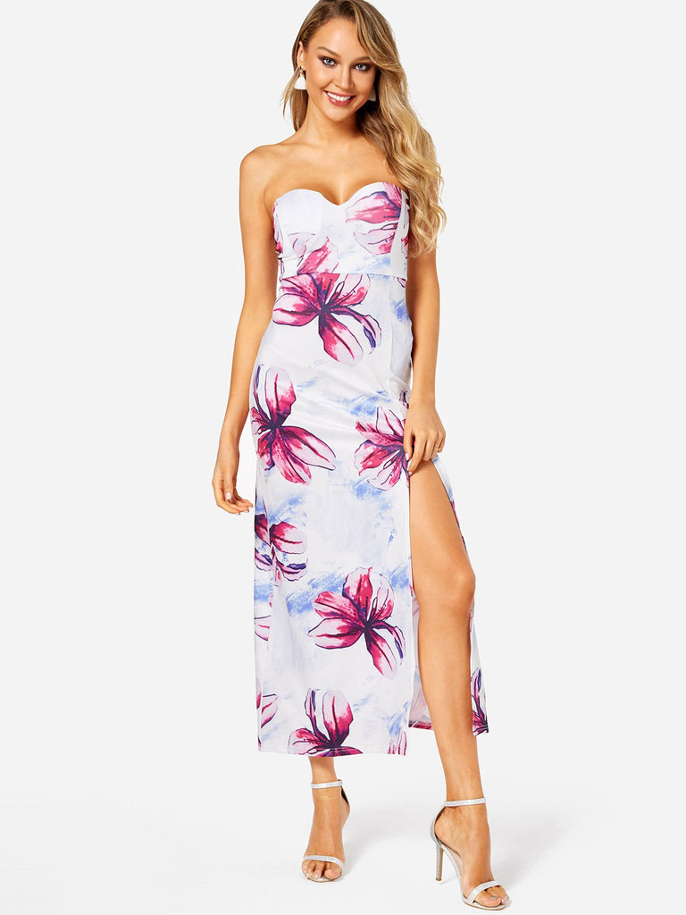 Tube Top Sleeveless Floral Print Backless Slit Hem Maxi Dress