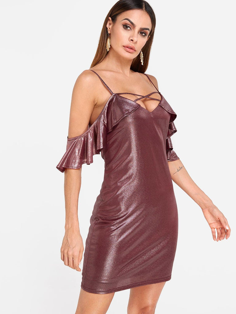 Burgundy V-Neck Cold Shoulder Sleeveless Dresses