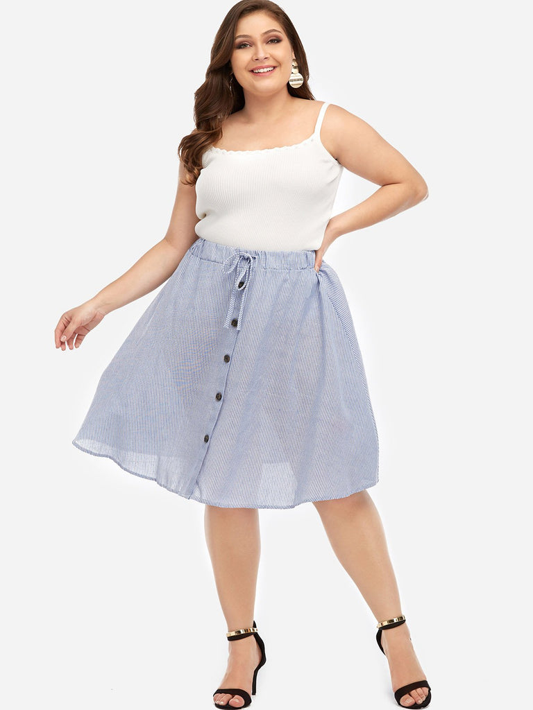 Plus Size Single Button Design Stripe Skirt