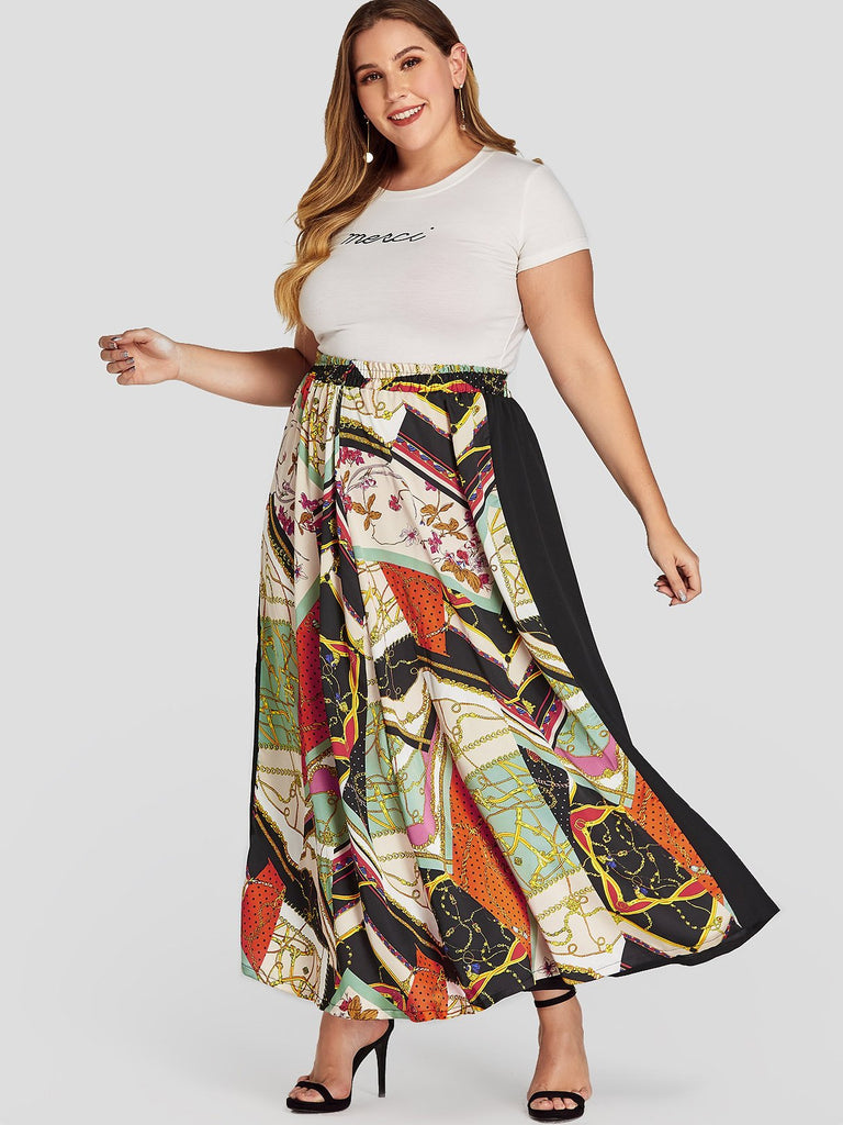 Plus Size Scarf Print Stretch Waistband Skirt