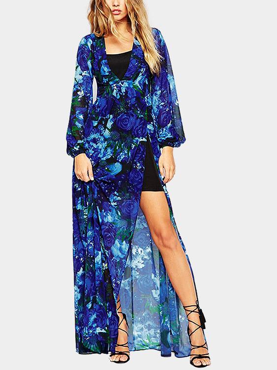 V-Neck Floral Print Slit Hem Long Sleeve Maxi Dresses