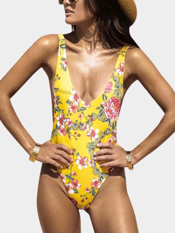 V-Neck Sleeveless Floral Print Backless Yellow One-Pieces Swimsuit