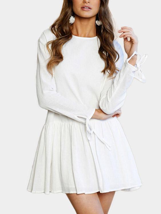White Round Neck Long Sleeve Mini Dress