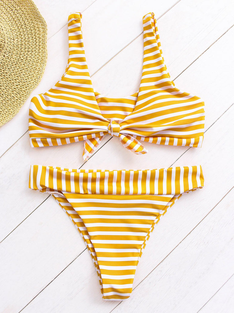 Yellow Scoop Neck Sleeveless Stripe Bikinis