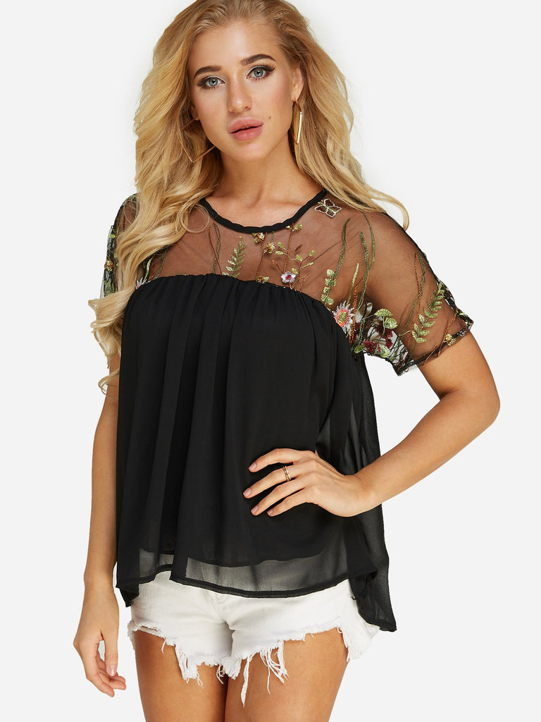 Crew Neck Embroidered Short Sleeve Black Top