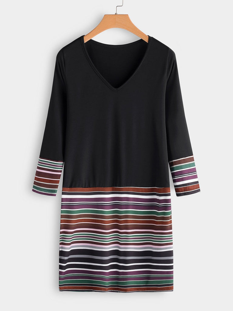 Black V-Neck Long Sleeve Stripe Dresses