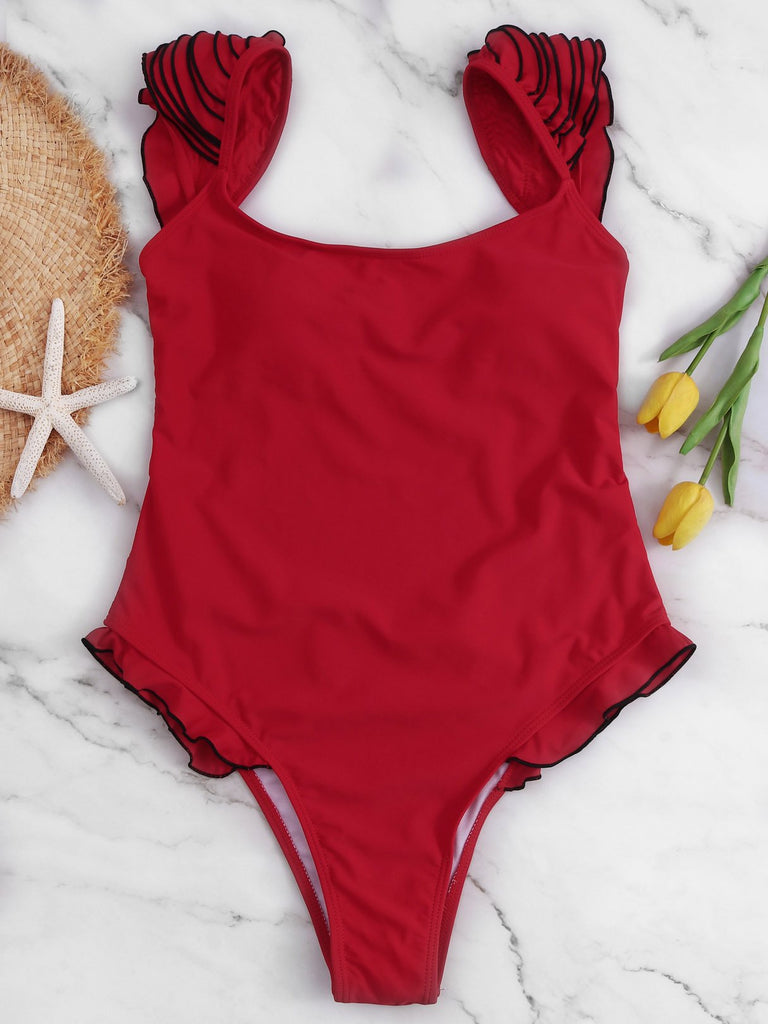 Red Round Neck Backless One-Pieces Swimsuits