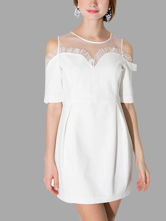 White Round Neck Half Sleeve Plain Mini Dress