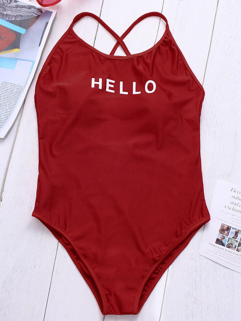 Red V-Neck Sleeveless Letter Backless One-Pieces Swimsuits