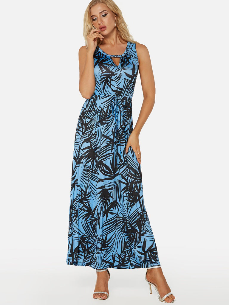 Round Neck Sleeveless Floral Print Lace-Up Cut Out Maxi Dress