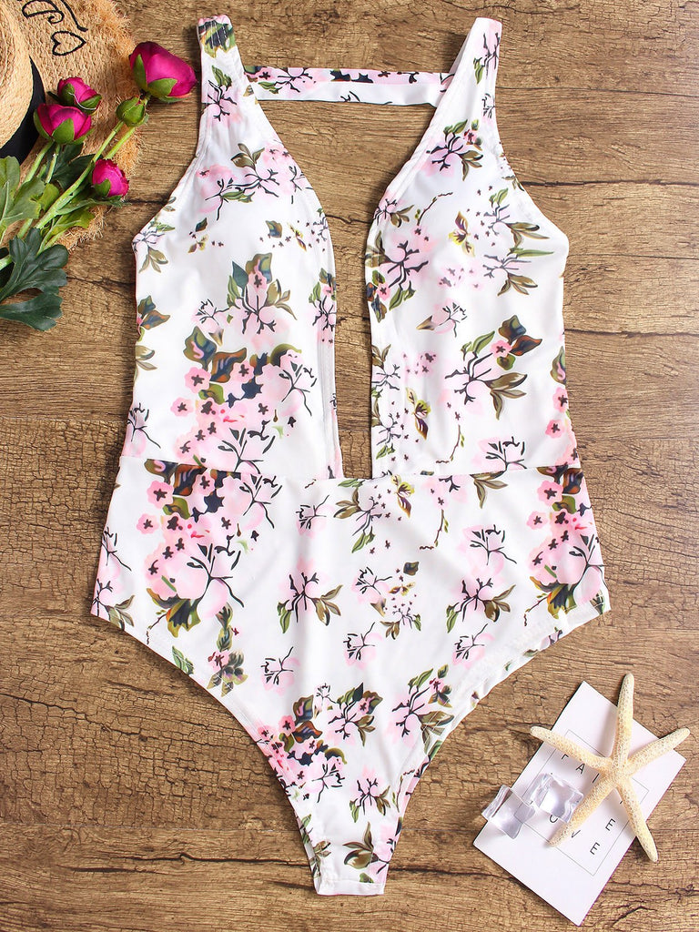V-Neck Floral Print Backless One-Pieces
