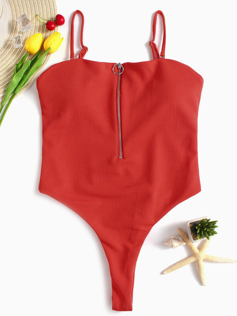 Red Square Neck Sleeveless Plain Zip Back Wireless One-Pieces