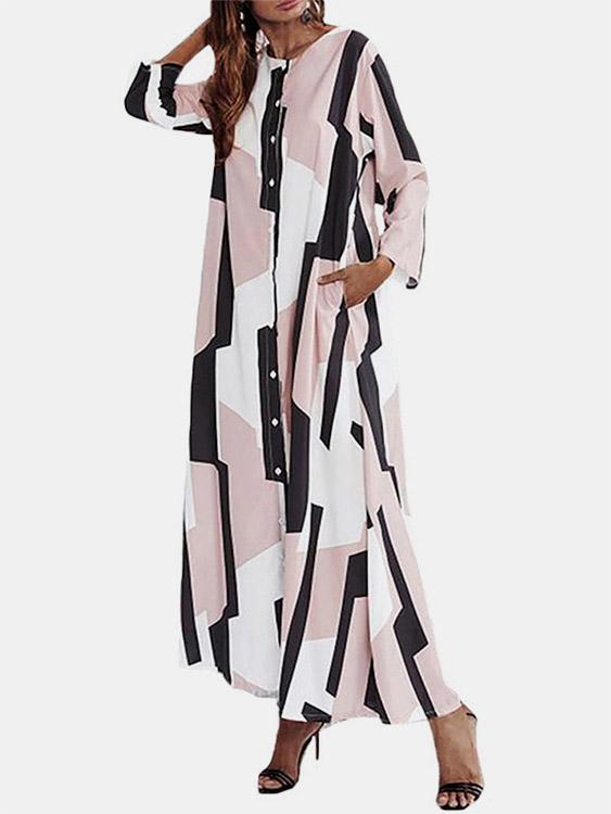 Round Neck Long Sleeve Geometrical Maxi Dress