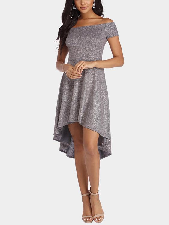Grey Off The Shoulder Short Sleeve Plain Dress