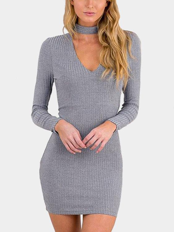 Gray V-Neck Long Sleeve Plain Mini Dress