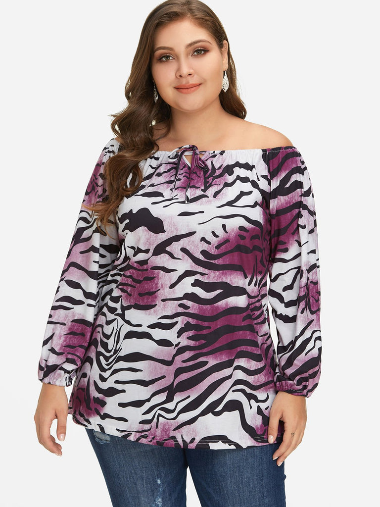 Off The Shoulder Leopard Self-Tie Long Sleeve Red Plus Size Tops
