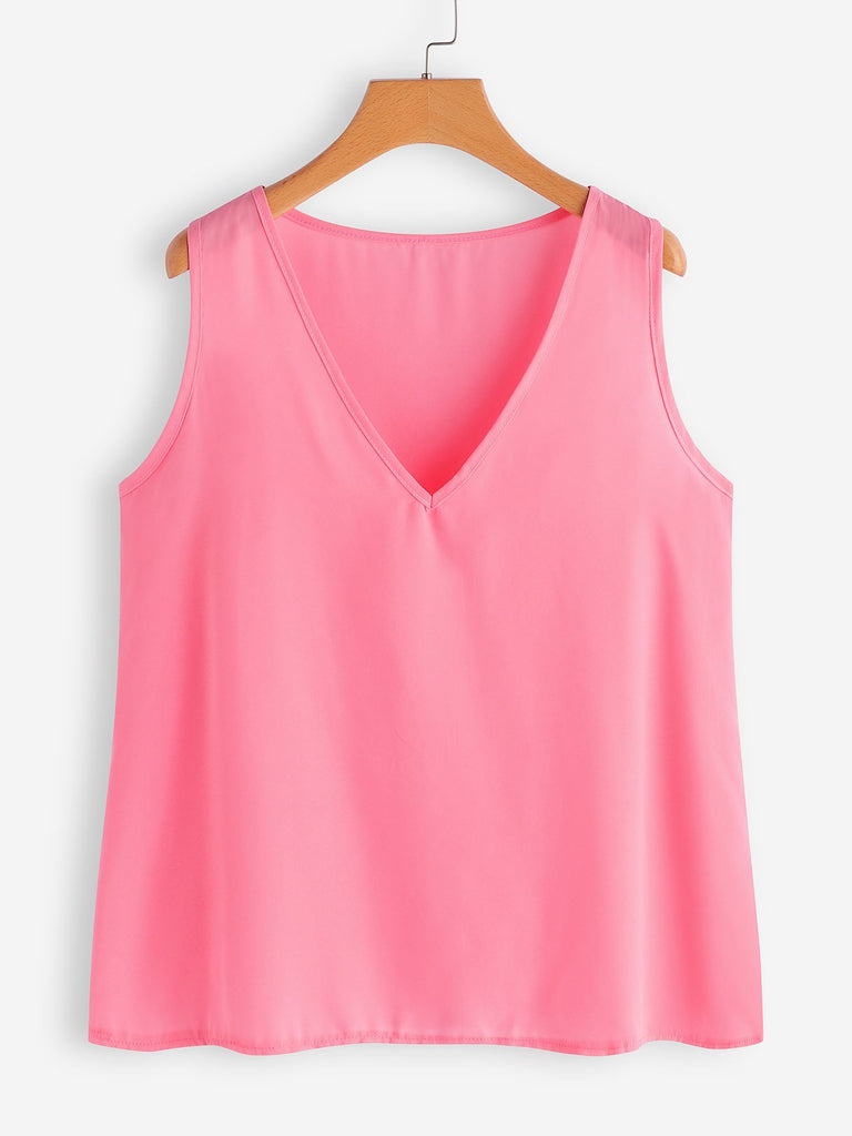 V-Neck Plain Sleeveless Pink Plus Size Tops