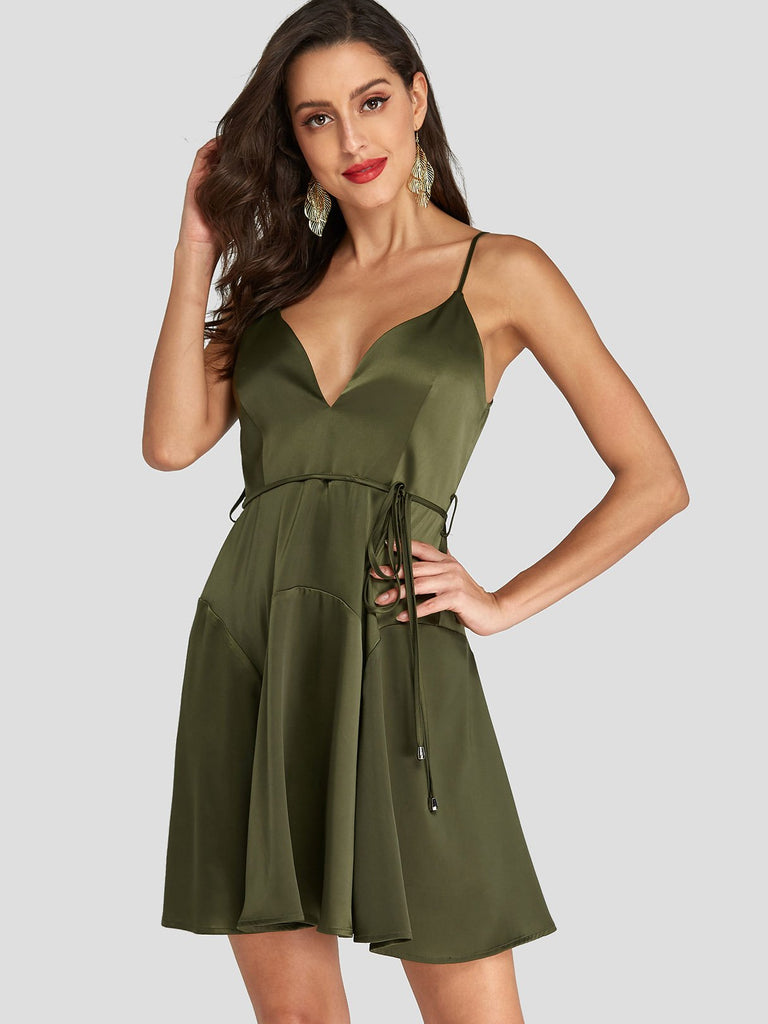 Army Green V-Neck Sleeveless Plain Backless Spaghetti Strap Self-Tie Sexy Dress