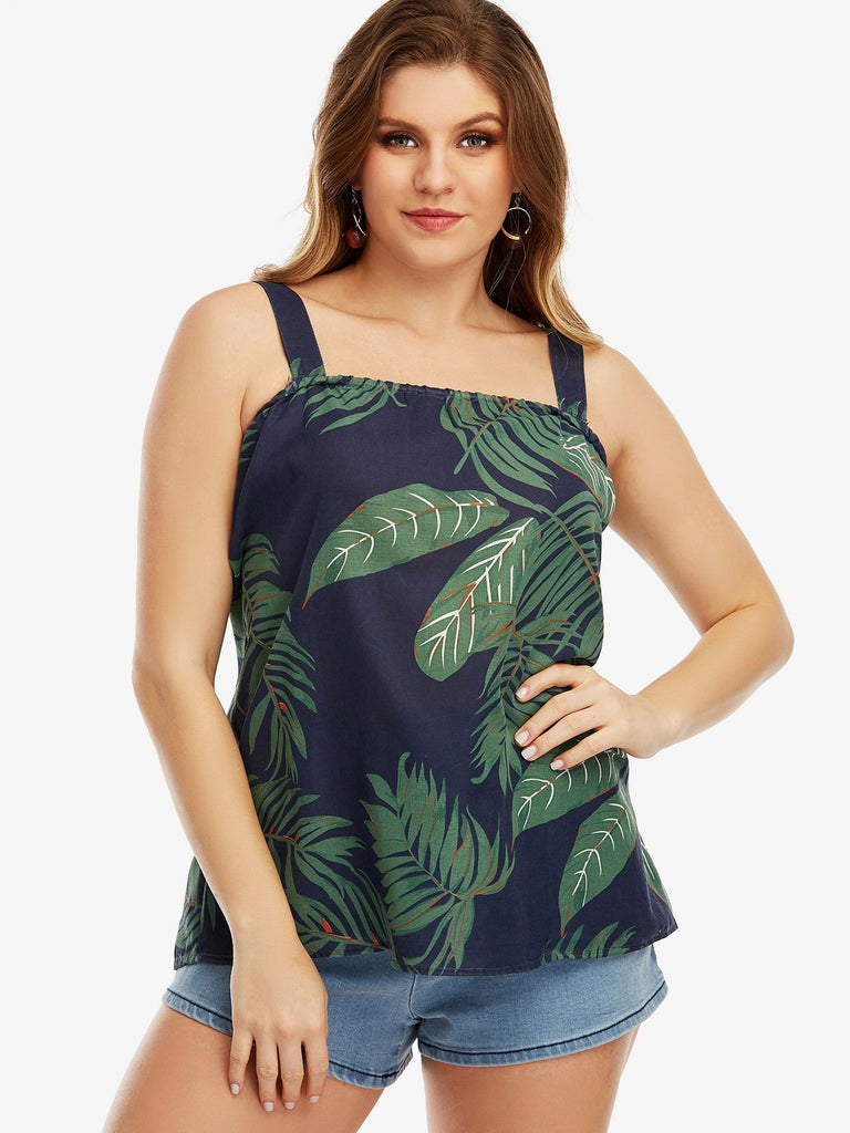 Square Neck Printed Sleeveless Plus Size Tops
