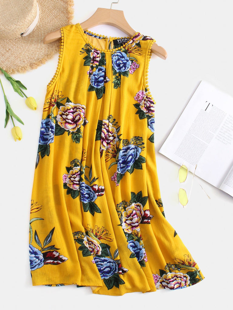 Yellow Round Neck Sleeveless Floral Print Dresses