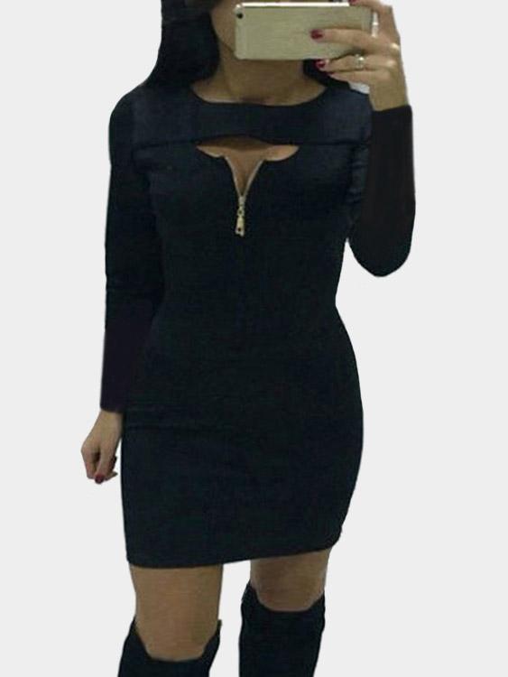 Black Round Neck Long Sleeve Plain Mini Dress