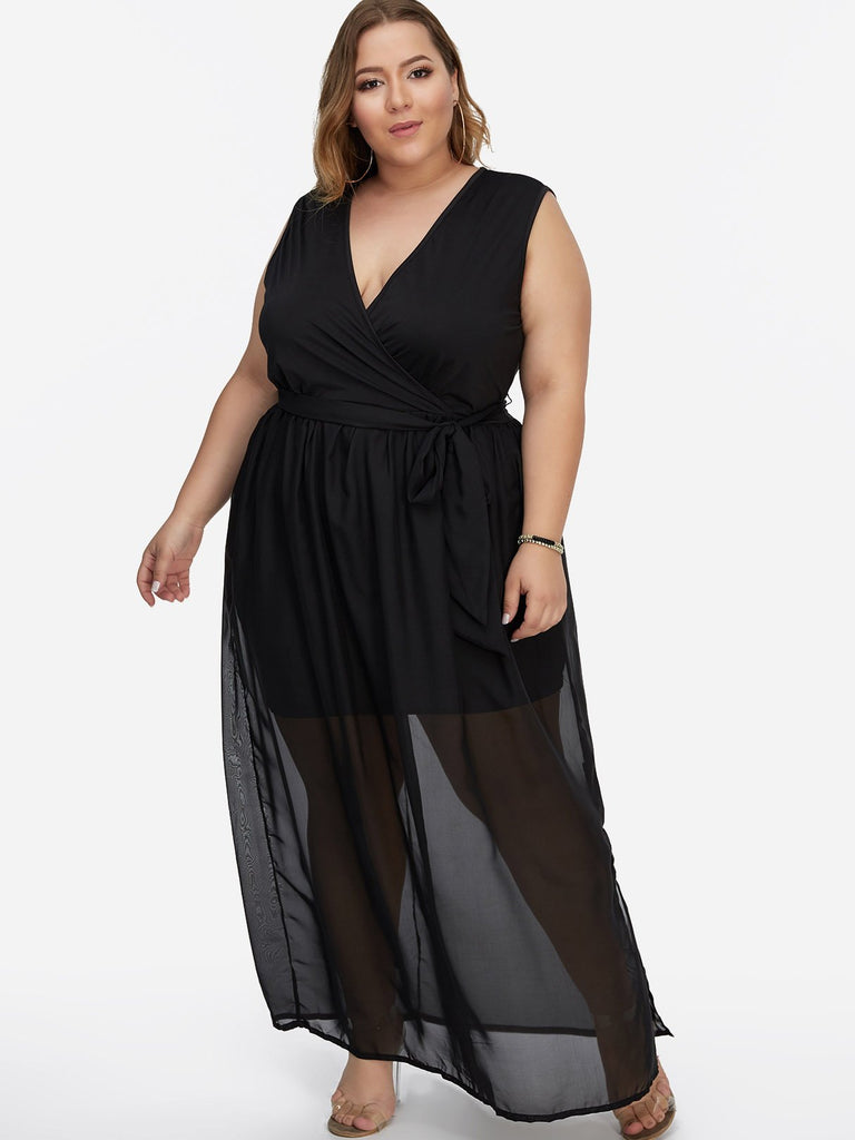 V-Neck Plain Self-Tie Wrap Sleeveless Slit Hem Black Plus Size Maxi Dresses