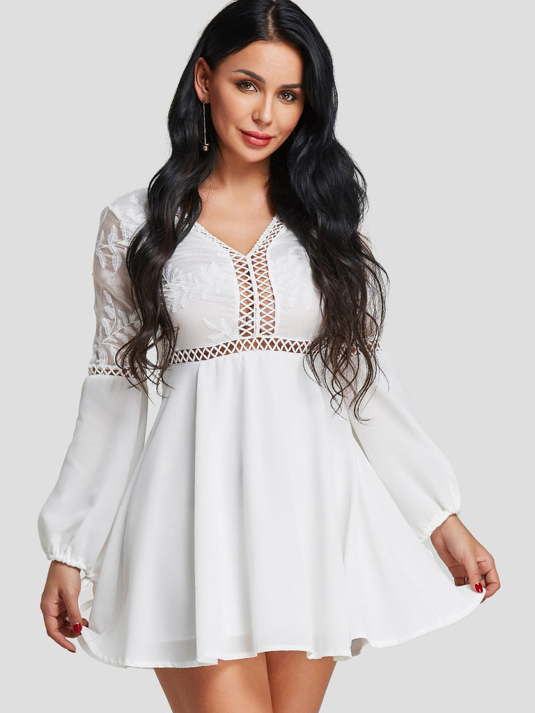 White V-Neck Long Sleeve Embroidered Backless Hollow Mini Dress