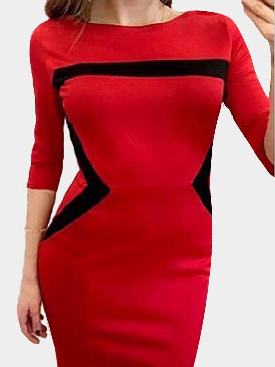 Round Neck 3/4 Length Sleeve Bodycon Hem Red Dresses