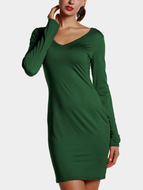 Army Green Deep V Neck Long Sleeve Plain Dresses