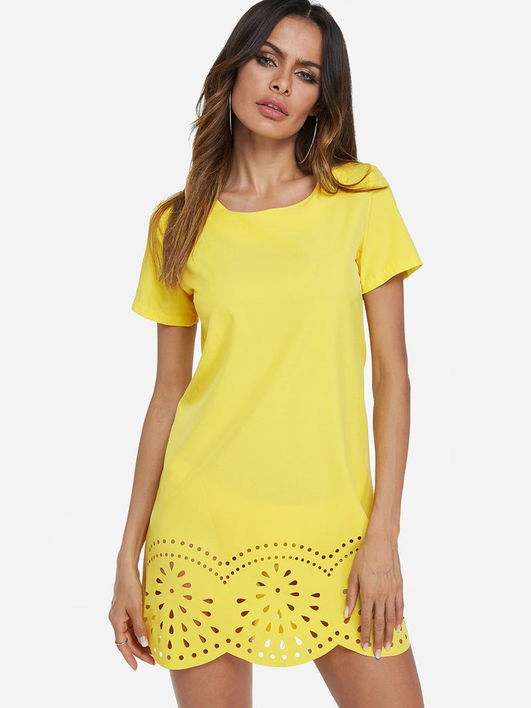 Yellow Round Neck Short Sleeve Hollow Cut Out Casual Dress