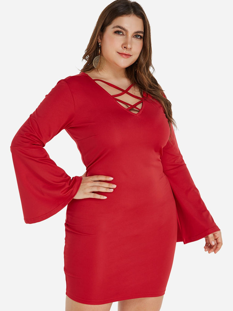 V-Neck Plain Criss-Cross Long Sleeve Red Plus Size Dress