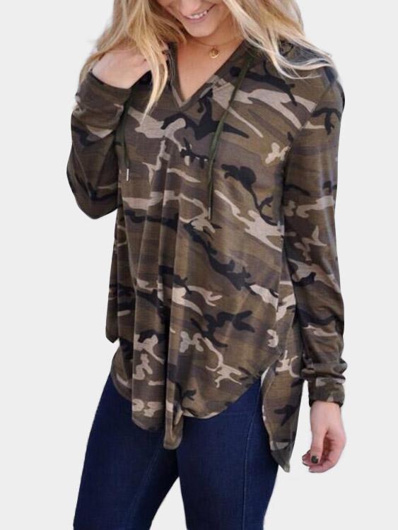 V-Neck Camouflage Hooded Long Sleeve Curved Hem Camouflage T-Shirts