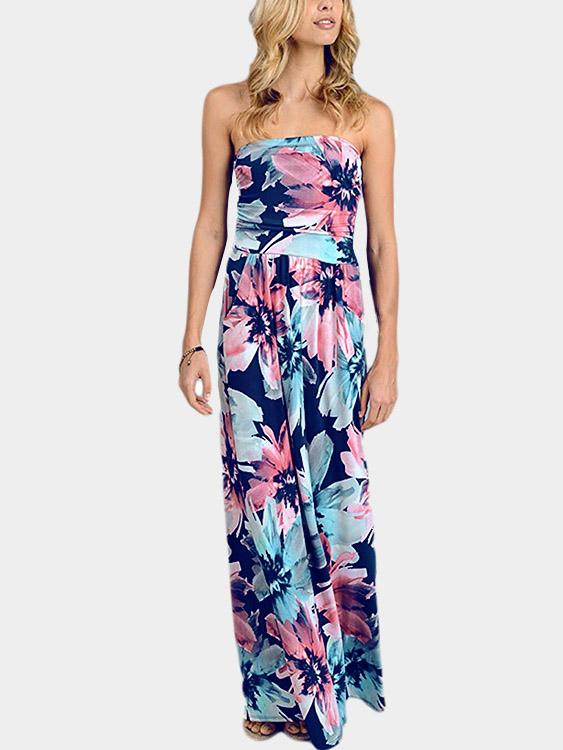 Strapless Sleeveless Floral Print Backless Side Pockets Maxi Dress