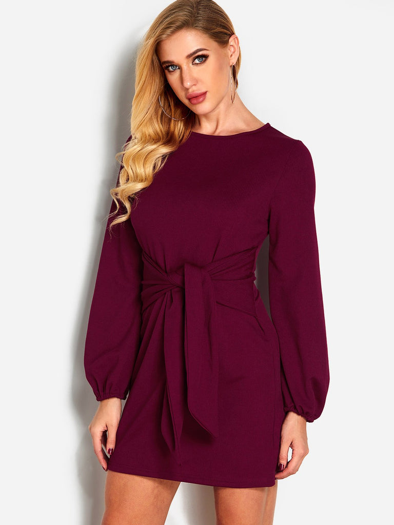 Round Neck Self-Tie Long Sleeve Red Casual Dresses