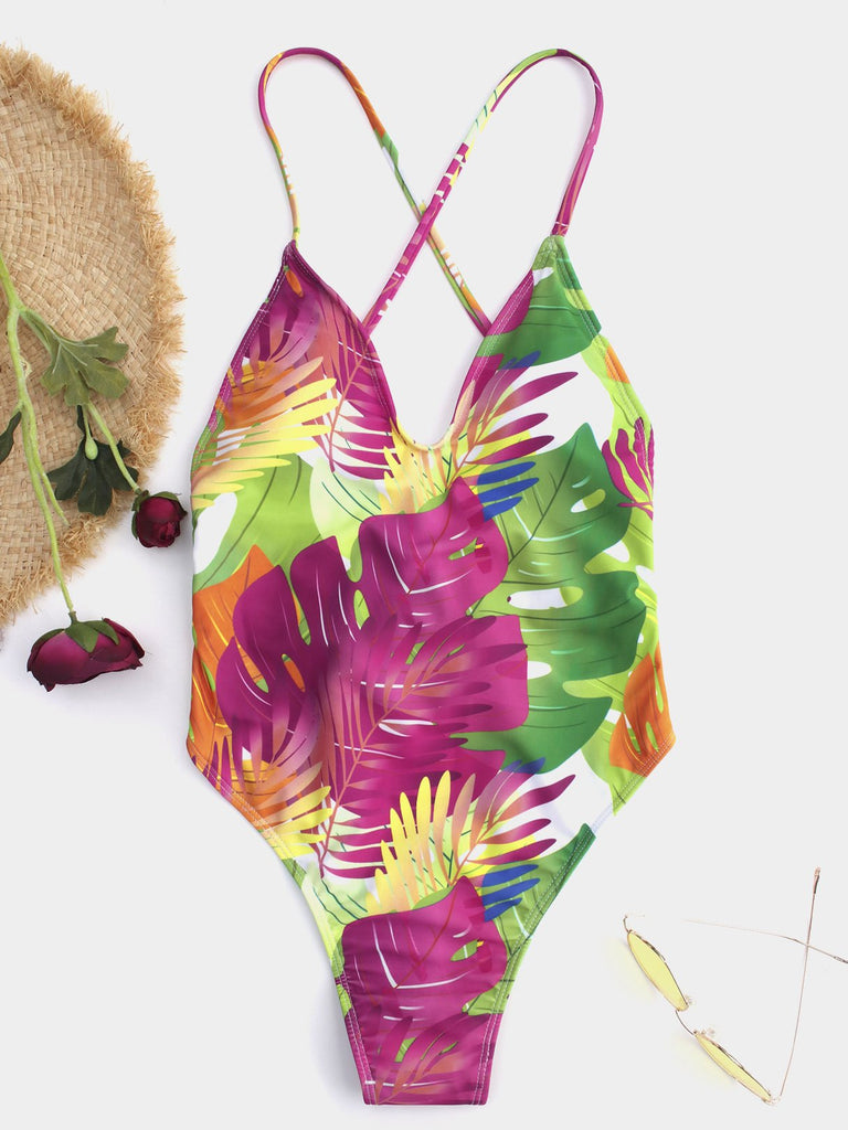 V-Neck Floral Print Criss-Cross One-Pieces Swimsuits