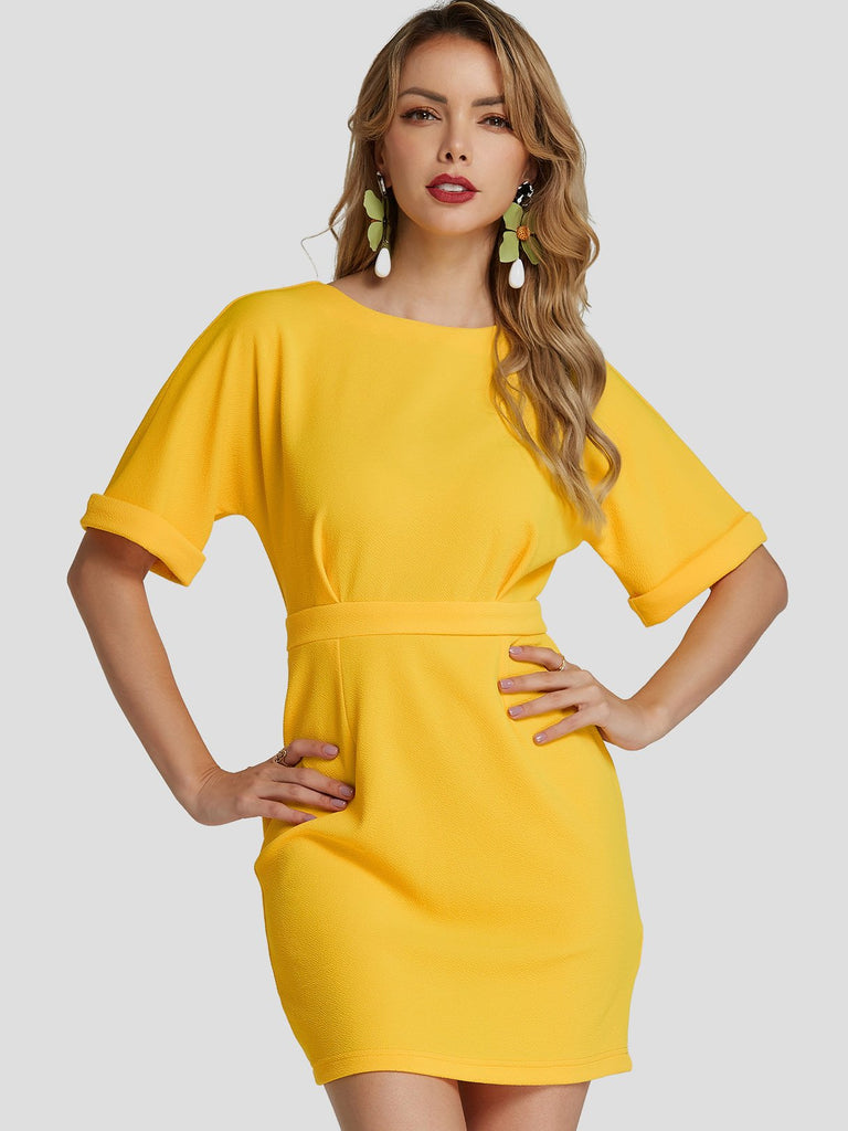 Yellow Round Neck Half Sleeve Plain Belt Casual Dress