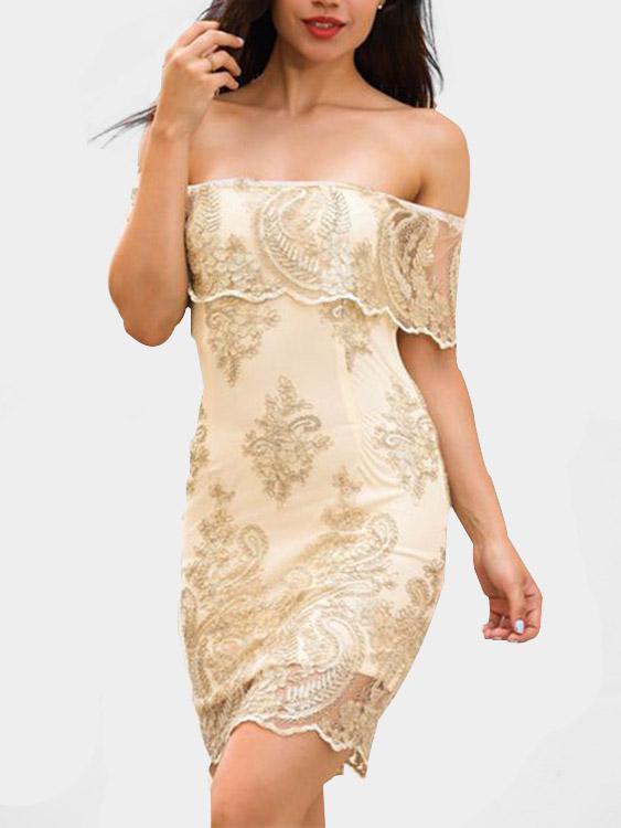 Gold Off The Shoulder Long Sleeve Embroidered Lace Tiered Zip Back Dresses