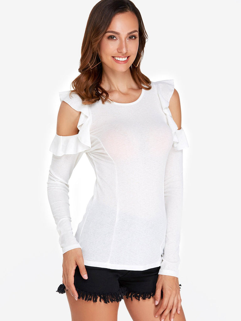Round Neck Cut Out Long Sleeve White T-Shirts