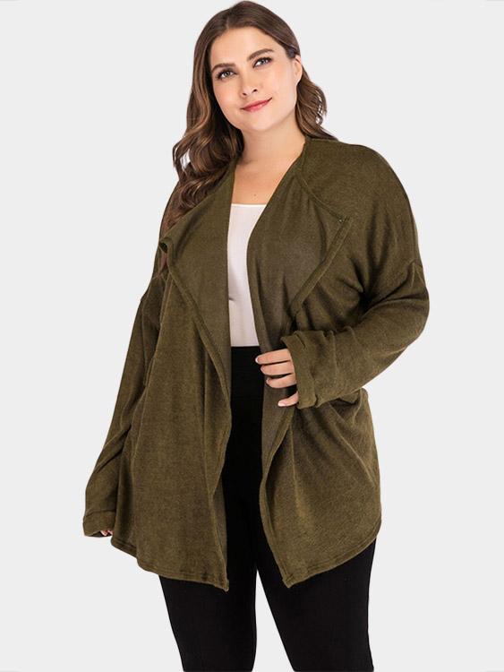 Lapel Collar Plain Long Sleeve Army Green Plus Size Coats & Jackets
