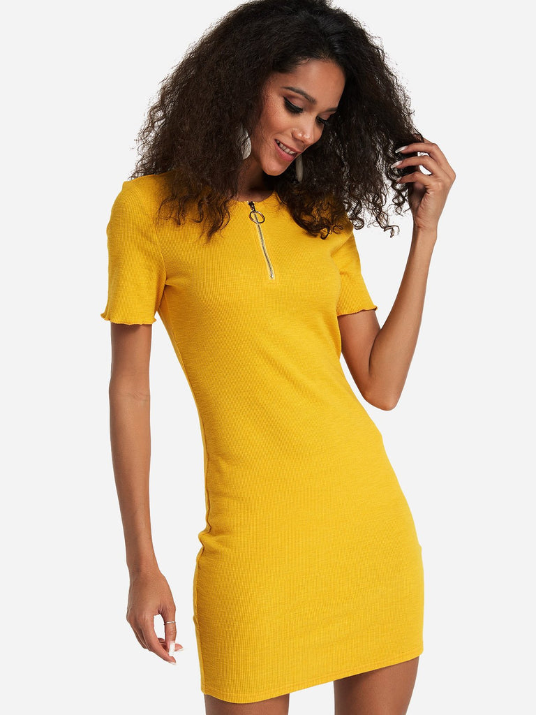 Yellow Round Neck Short Sleeve Plain Bodycon Dresses