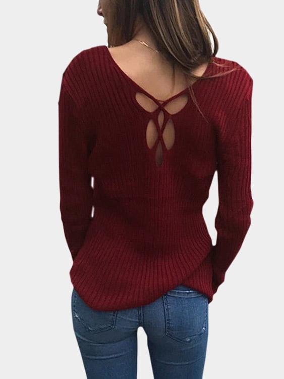V-Neck Pullover Hollow Long Sleeve Red T-Shirts